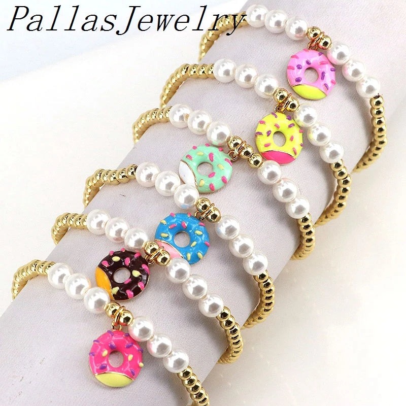 5Pcs Colorful Sweet Donut Charms Bracelet Pearl Beads Jewelry Gift