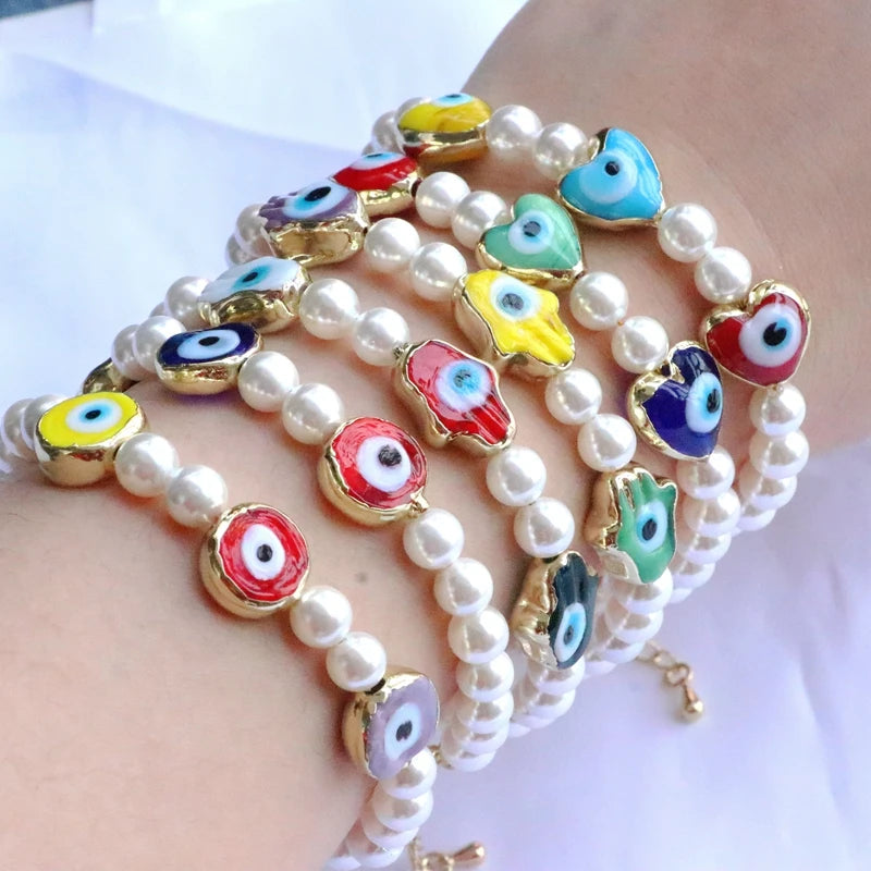 5Pcs Lucky Lampwork Eye & Shell Pearl Beaded Bracelet Girl Party Gift