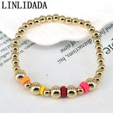 5Pcs Elastic Polymer Clay Plated Copper Bead Bracelet Bohemia Charm