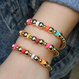 5Pcs Elastic Polymer Clay Plated Copper Bead Bracelet Bohemia Charm