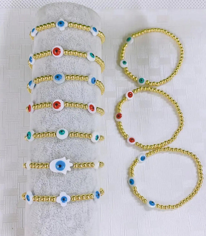 5Pcs Plated Beads Beaded Bracelet Handmade Eye Hamsa Hand Shell Stretch Charm