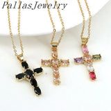 5Pcs Colorful CZ Cross Pendant Choker Chain Necklace Hip-Hop Jewelry Men Women