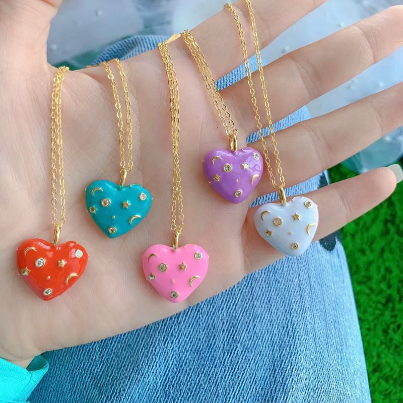 Colorful CZ Heart Pendant Necklace Enamel Chain Jewelry