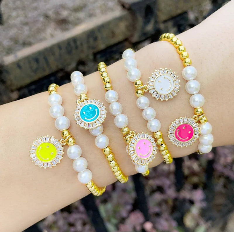 Fashion Copper Micro CZ Zircon Round Smile Face Freshwater Pearl Bracelet