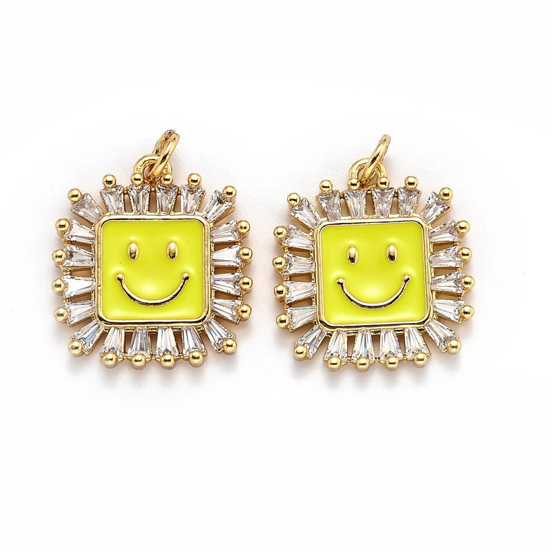 5Pcs Smiling Face CZ Oil Square Pendants for DIY Jewelry