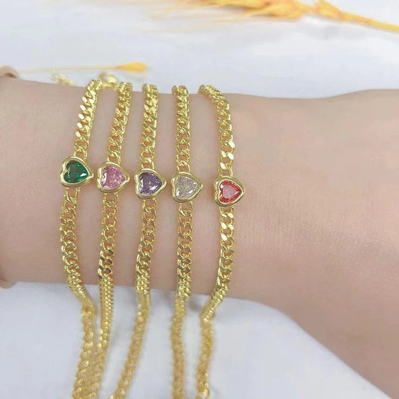 5Pcs Plated 4mm Cuban Link Chain Heart Bling Crystal Bracelet Jewelry