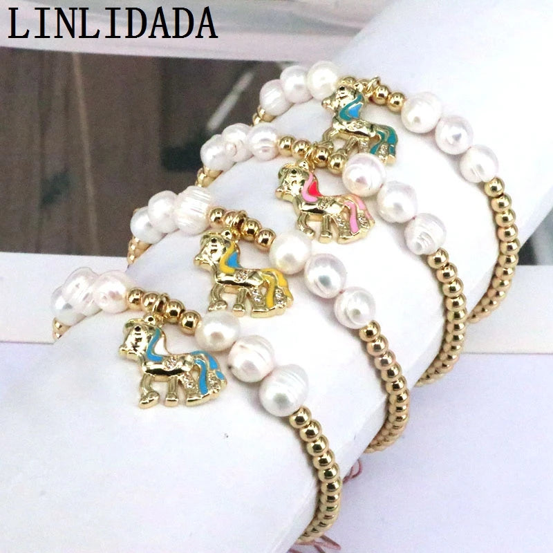 Colorful Horse Pendant Bracelet with Plated Beads and Pearls