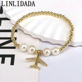 5Pcs Plated Copper Airplane Charm Bracelet Women Shell Pearl Elastic Jewelry