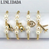 5Pcs Plated Copper Airplane Charm Bracelet Women Shell Pearl Elastic Jewelry