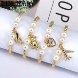 5Pcs Plated Copper Airplane Charm Bracelet Women Shell Pearl Elastic Jewelry