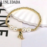5Pcs Plated Copper Airplane Charm Bracelet Women Shell Pearl Elastic Jewelry