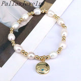 Plated Cz Heart Eyes Pendant Pearl Bead Bracelets For Women