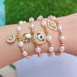 Plated Cz Heart Eyes Pendant Pearl Bead Bracelets For Women
