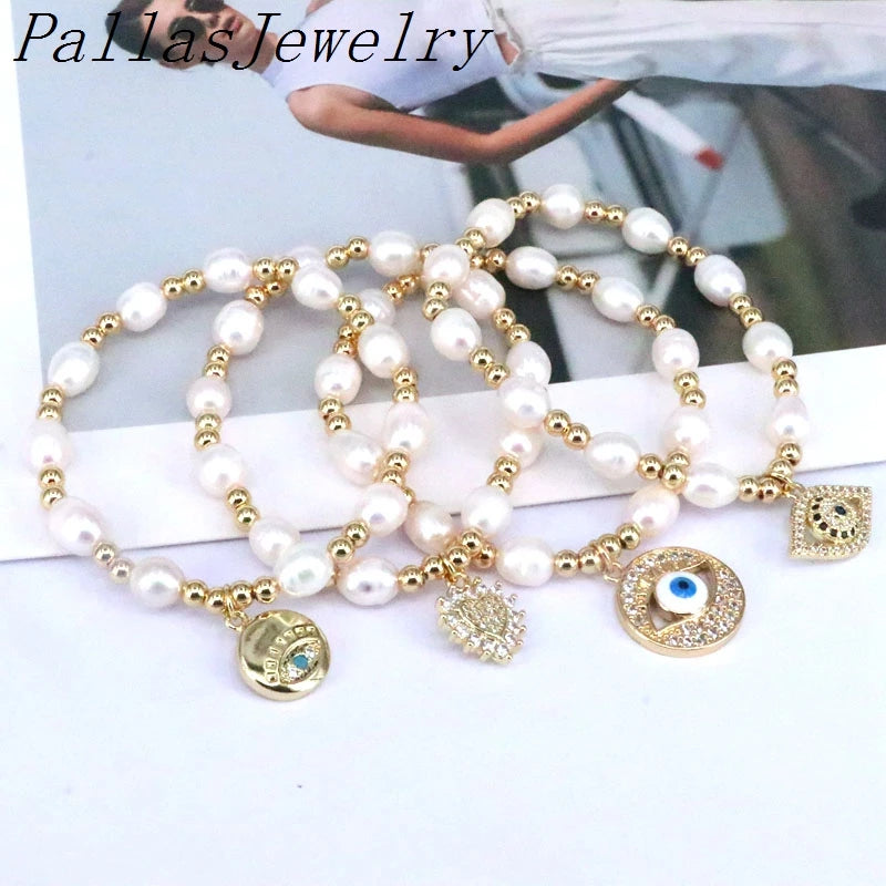 Plated Cz Heart Eyes Pendant Pearl Bead Bracelets For Women