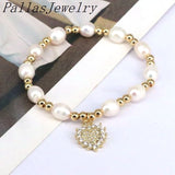 Plated Cz Heart Eyes Pendant Pearl Bead Bracelets For Women