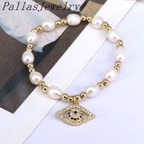 Plated Cz Heart Eyes Pendant Pearl Bead Bracelets For Women
