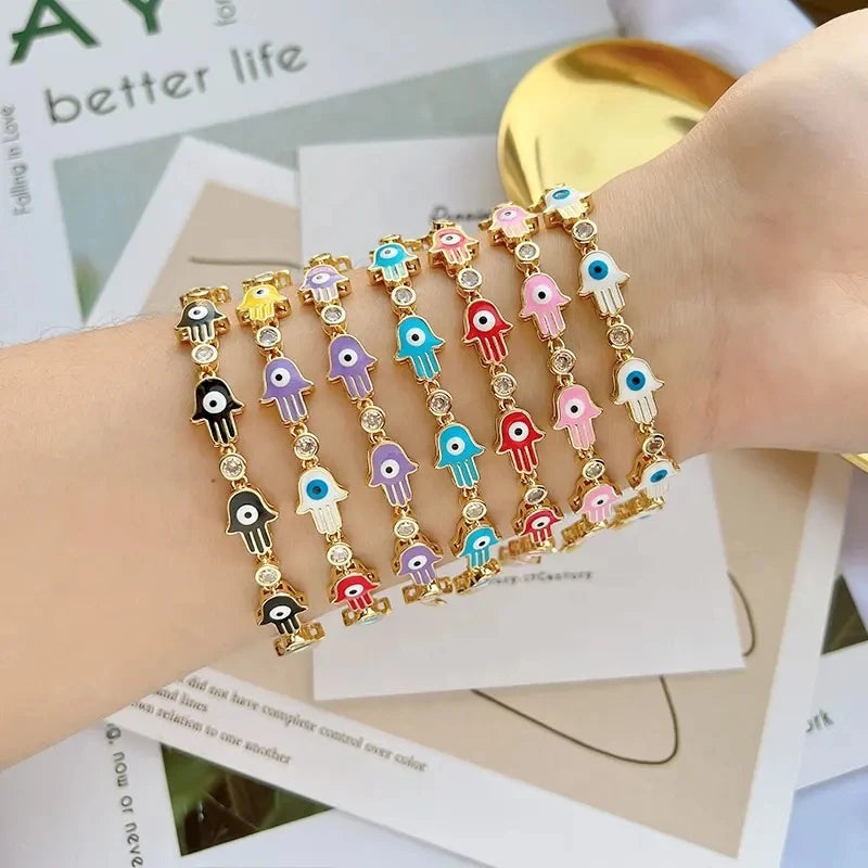5Pcs Plated Crystal Charms Bracelet Colorful Enamel Hand Eyes Fine Jewelry