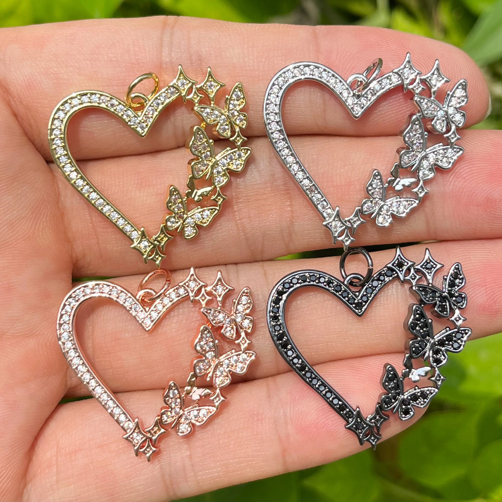 5Pcs Heart Butterflies Charms Zirconia Pave Pendant Jewelry Accessories