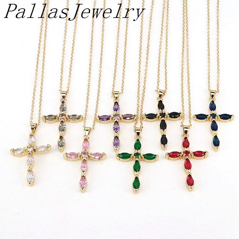 5Pcs Colorful CZ Cross Charm Pendant Necklace Hip Hop Jewelry Gift