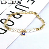 5Pcs Metal Bead Shell Pearl Bracelet Elastic CZ Eye Charm