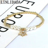 5Pcs Metal Bead Shell Pearl Bracelet Elastic CZ Eye Charm