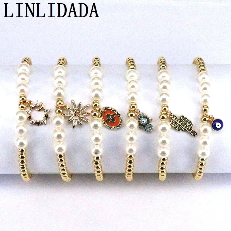 5Pcs Metal Bead Shell Pearl Bracelet Elastic CZ Eye Charm