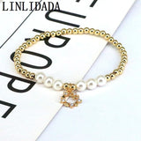 5Pcs Metal Bead Shell Pearl Bracelet Elastic CZ Eye Charm