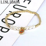 5Pcs Metal Bead Shell Pearl Bracelet Elastic CZ Eye Charm