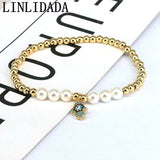5Pcs Metal Bead Shell Pearl Bracelet Elastic CZ Eye Charm