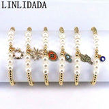 5Pcs Metal Bead Shell Pearl Bracelet Elastic CZ Eye Charm