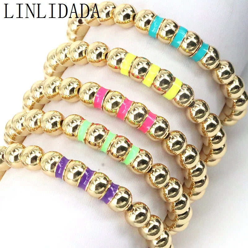5Pcs Plated Copper Beads Bracelet Colorful Enamel Ball High Jewelry