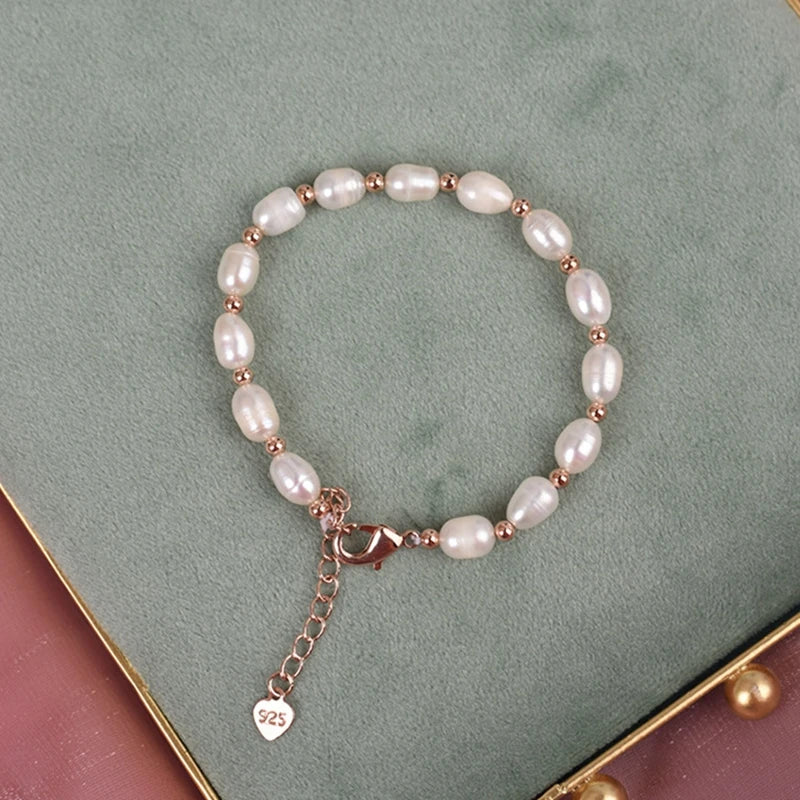 5Pcs 100% Natural Freshwater Pearl 14K Plated Copper Beads Strand Bracelets