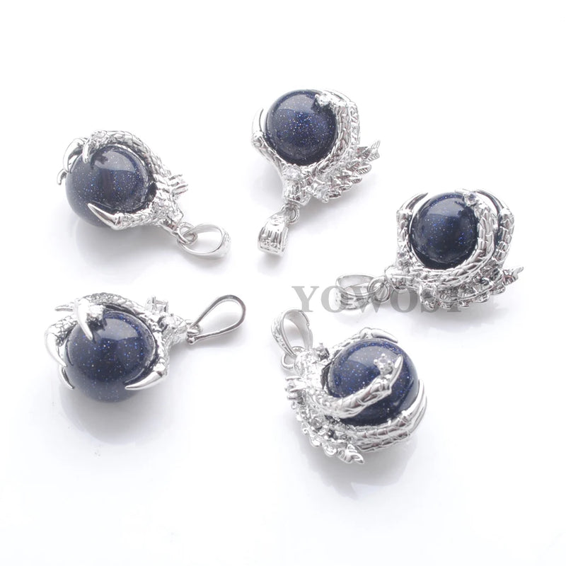 5Pcs Natural Stone Sand Pendants Round Ball Bead Dragon Claw Crystal