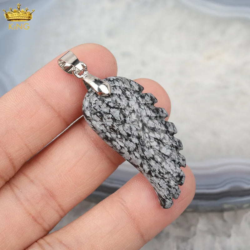5Pcs Silver Plated Aventurine Angel Wings Pendant Charms