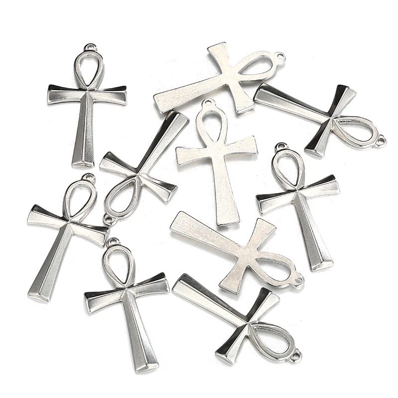 5Pcs Vintage Stainless Steel Egyptian Ankh Charm Pendant Lot