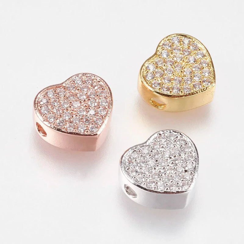 5Pcs CZ Heart Spacer Beads Brass Micro Pave Crystal for Jewelry DIY 9x9.5x4mm
