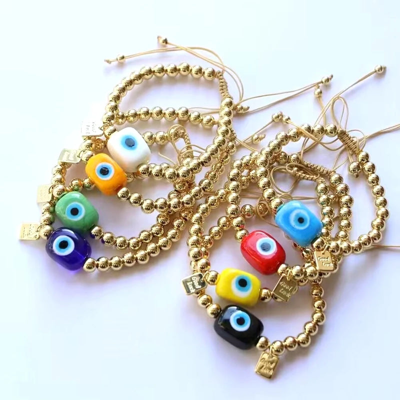 5Pcs Colorful Glass Eyes Beads Elastic Bracelets Men Women Round Beaded