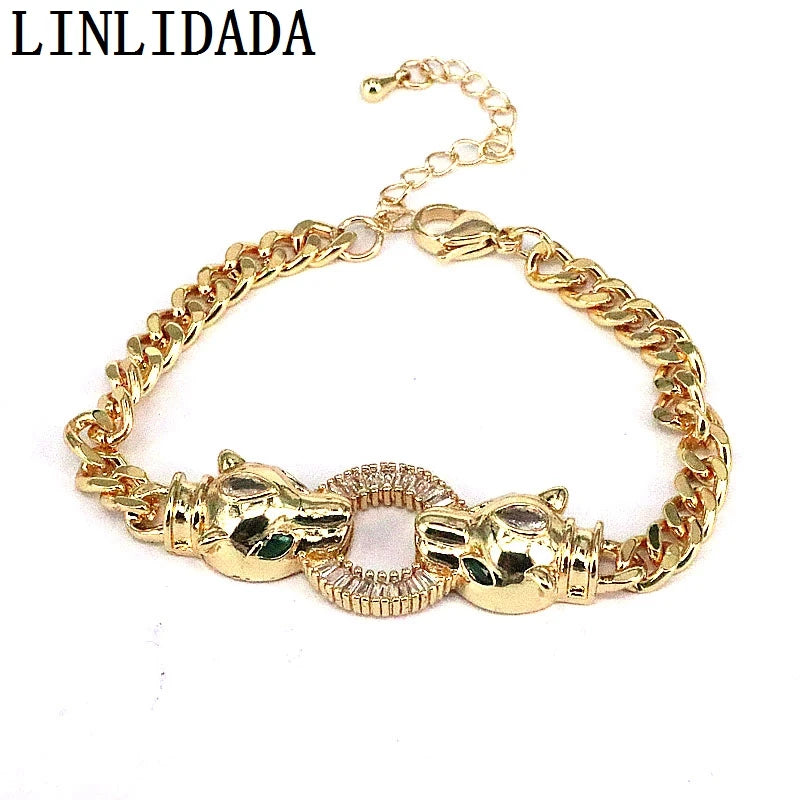 Brass Zircon Leopard Head Jewelry Set