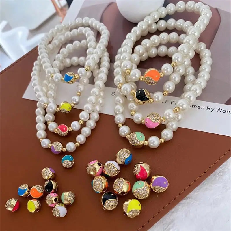 5Pcs Neon Yin Yang Charms Elastic Bracelets Women Dainty Pearl Jewelry