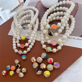 5Pcs Neon Yin Yang Charms Elastic Bracelets Women Dainty Pearl Jewelry