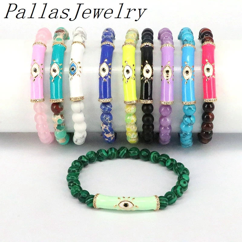 5Pcs Natural Stone 8mm Beaded Bracelets with Enamel Eye Charm