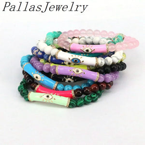5Pcs Natural Stone 8mm Beaded Bracelets with Enamel Eye Charm