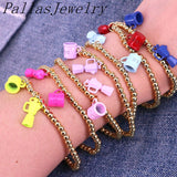 5Pcs Enamel Bottle Coffee Cup Charm Bracelet Gold Beaded Chain Elastic Jewelry