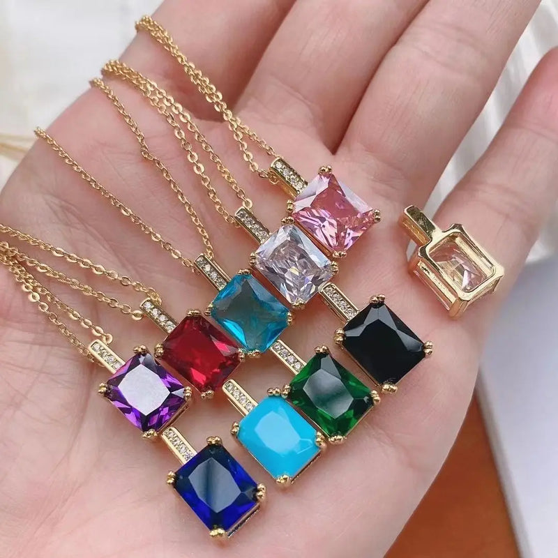 Colorful Zircon Stone Pendant Chain Necklace Plated Jewelry