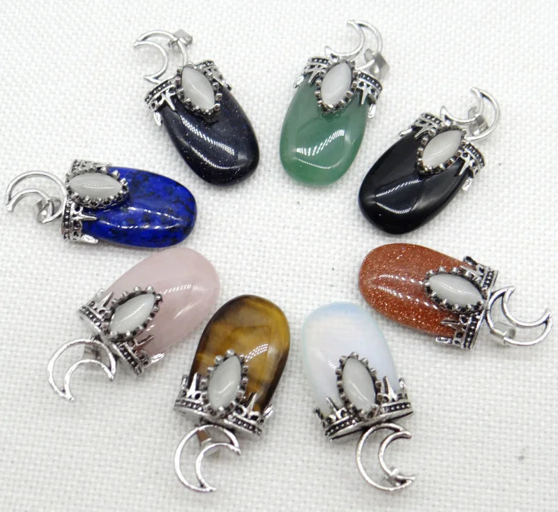 5Pcs Gem stone Quartz Crystal tiger eye Moon Pendants DIY Jewelry Making