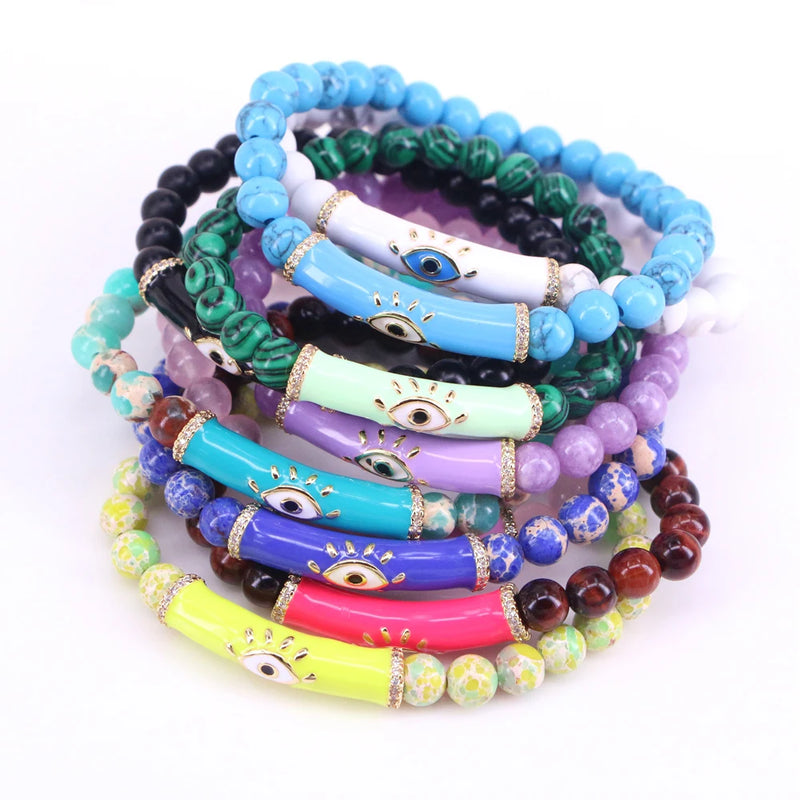 5Pcs Stone Strand Bracelet 8mm Colorful Stone Enamel Eye Charm