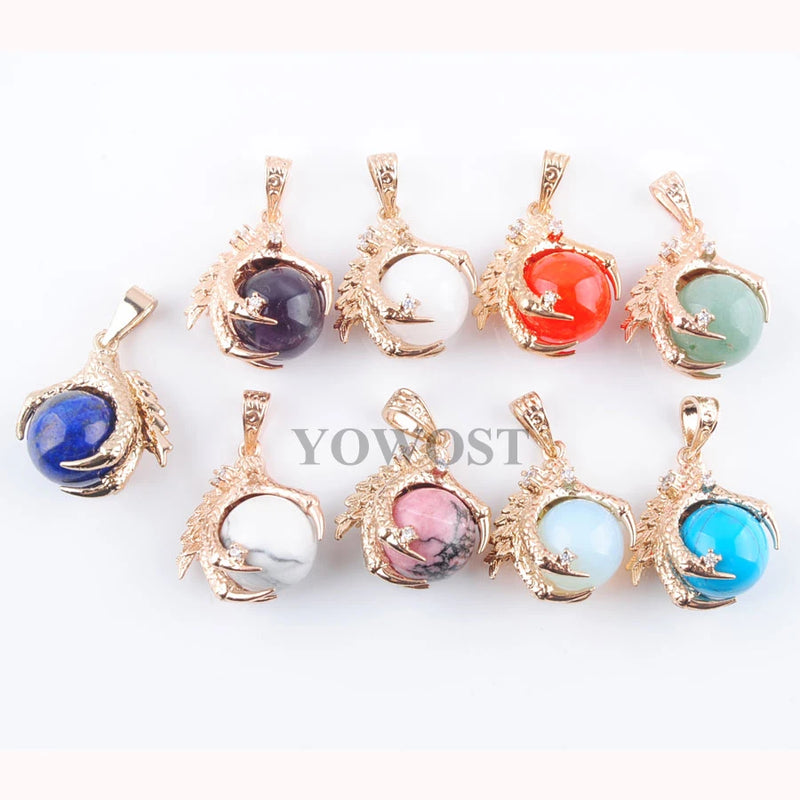 5Pcs Natural Stone Raw Gem Ball Dragon Claw Crystal Reiki Pendants