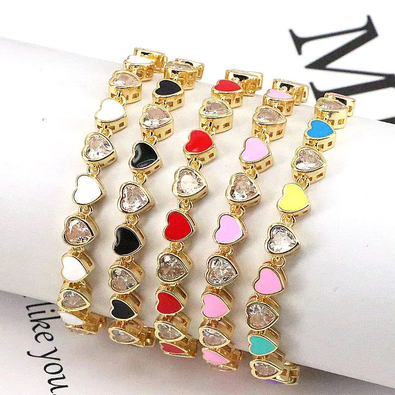 Boho Heart Enamel Crystal Zircon Bracelet 18K Plated Party Gift Jewelry