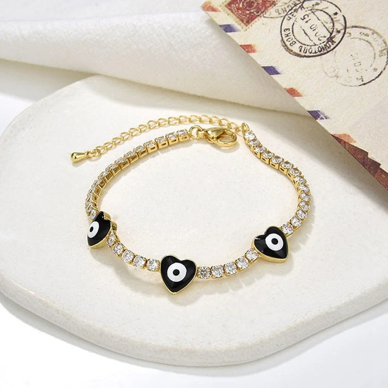 Rainbow Evil Eyes Heart Flower Charm CZ Tennis Bracelet
