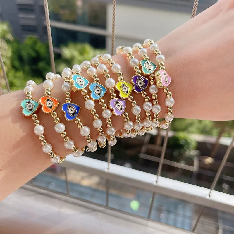 5Pcs Freshwater Pearls Chain Bracelets for Women Round Heart Eyes Shape Beads